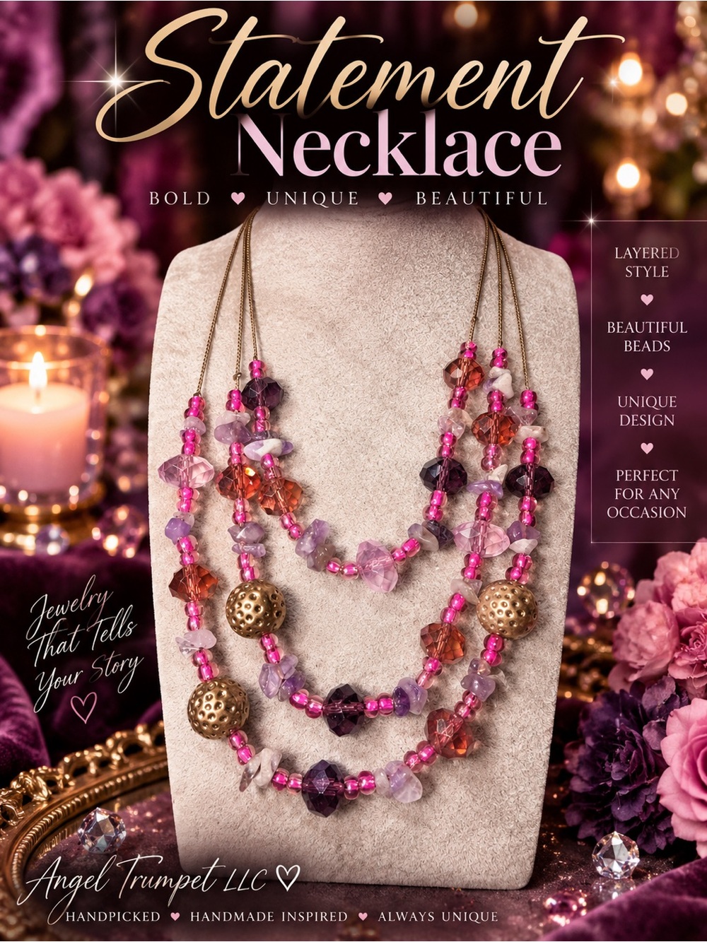 Pink Purple Amethyst Stone Multi Strand Statement Necklace
